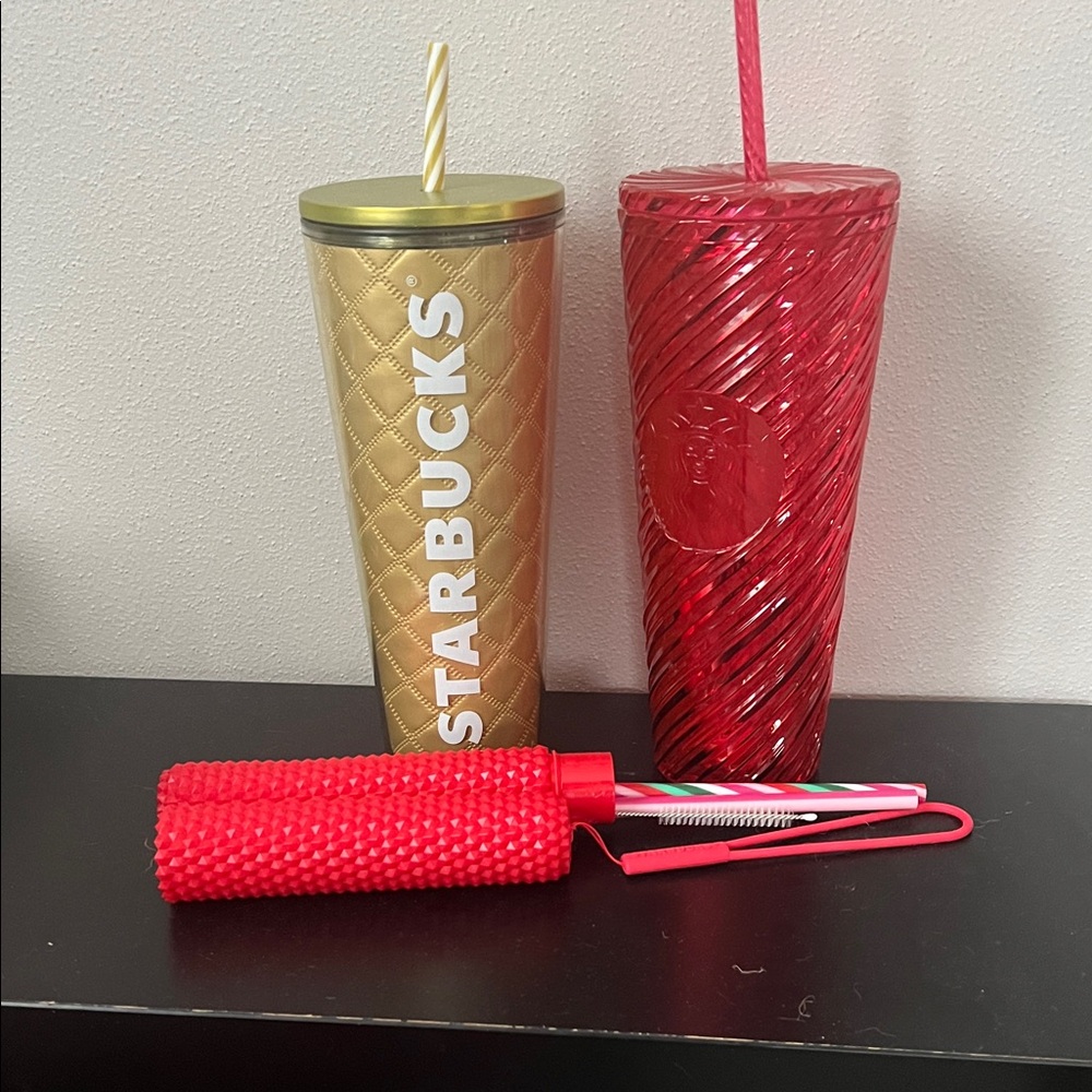 Starbucks Gold and Red Tumbler Set with straw Traveler Set NWT
